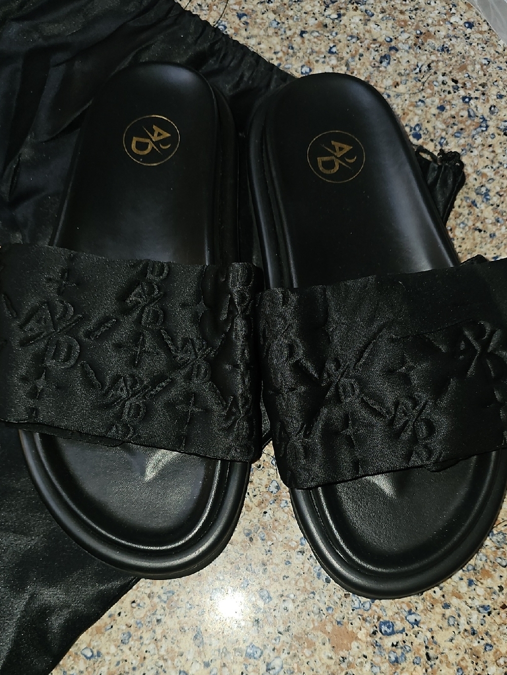 After Dark Black Satin Hard Bottom Slides with Embroidered Detail - Size 41